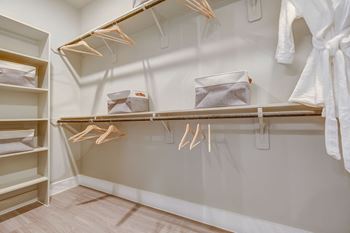 Walk in closet with two levels of hanger space and shelves